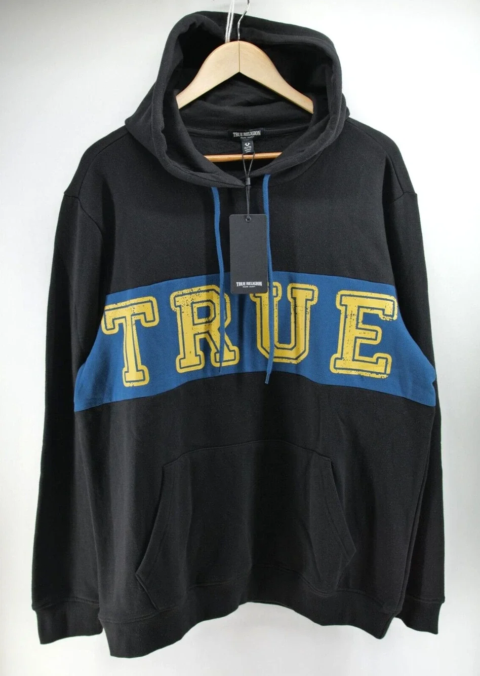 NWT‎ True Religion Men's Contrast Panel Logo Hoodie Sweatshirt Size XL Jet Black